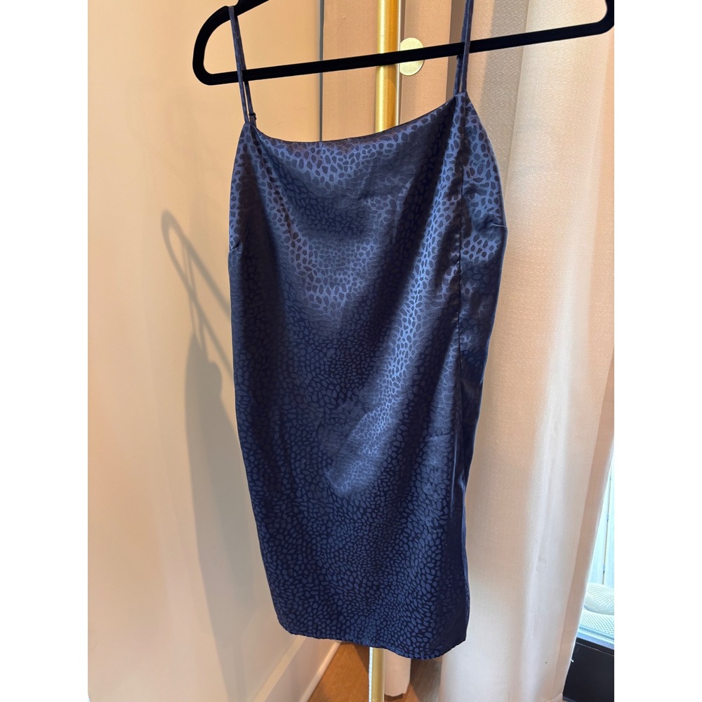 Sophie Rue Navy Blue Leopard Satin Jacquard Cowl Neck Mini Slip Dress Large